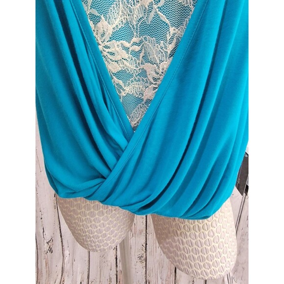 AGB Women's Small Teal Twist Front Lace Layered 3/4 Sleeve Blouse Shift Top EUC - Picture 3 of 10